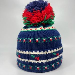 Vintage 70's Marceau Sport 100% Wool Ski Beanie Knit Hat Pom Pom Made in USA